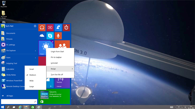 Univerzln aplikace (Metro), lze do nabdky Start pidvat i odebrat. Chovaj se stejn jako v novm rozhran pro Windows 8 a 8.1 a to vetn aktivity a nastaven.