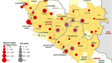 Mapka geografického rozloení pípad Eboly v západní Africe podle oficiálních...