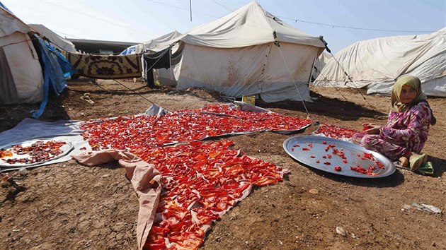 Syrsk uprchlice su papriky v tboe v Azazu, kter le pobl tureckch hranic (27. jna 2014).