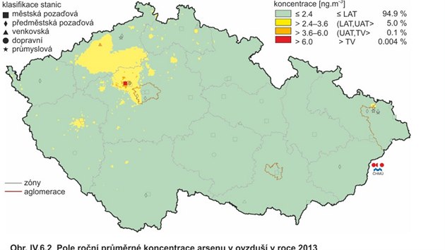 Prmrn koncentrace arsenu v ovzdu v roce 2013.