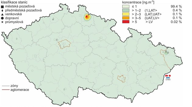 Prmrn koncentrace kadmia v ovzdu v roce 2013.