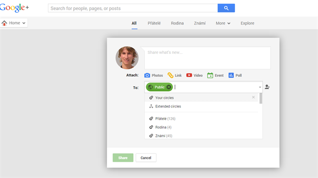 Google+ se vce ne Facebook hod pro omezen sdlen jen s nkolika jednotlivci i kruhem koleg a ptel.
