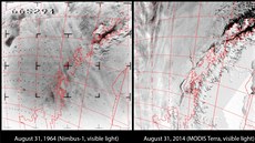 Srovnání dvou generací. Vlevo je snímek ze satelitu Nimbus-1, vpravo je o...