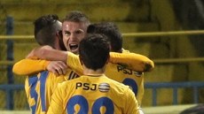 Jihlavský útočník Muris Mešanovič se raduje se spoluhráči z gólu v zápase s... Jihlavský útočník Muris Mešanovič se raduje se spoluhráči z gólu v zápase s...