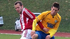 Varnsdorfský Nicolas Daníček (ve žlutém) v souboji s Michaelem Hupkou z Třince. Varnsdorfský Nicolas Daníček (ve žlutém) v souboji s Michaelem Hupkou z Třince.