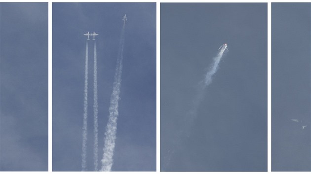 Srie snmk zachycujc posledn okamiky kosmick lod SpaceShipTwo. Plavidlo je vidt krtce po oddlen od letadla po zaehnut motoru, krtce pi letu a nsledn destrukci. nad Mohavskou pout v Kalifornii.