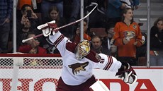 Mike Smith oslavuje výhru Arizony Coyotes.