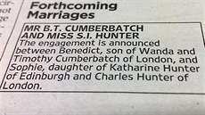 Zasnoubení Benedicta Cumberbatche a Sophie Hunterové oznámili v novinách jeho...