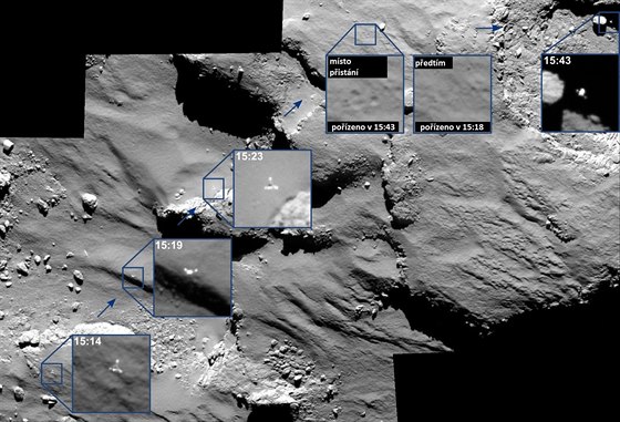 Kolá z rzných snímk poízených sondou Rosetta bhem sestupu a po prvním skoku modulu Philae na komet urjumov-Gerasimenko.