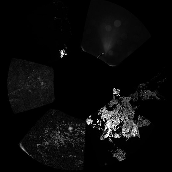 Oficiální panoramatický snímek z místa pistání vesmírné laboratoe Philae na...