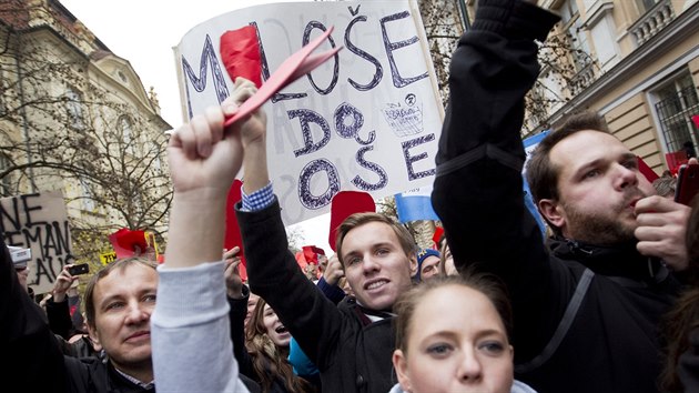 Demonstranti proti prezidentu Miloi Zemanovi na praskm Albertov.