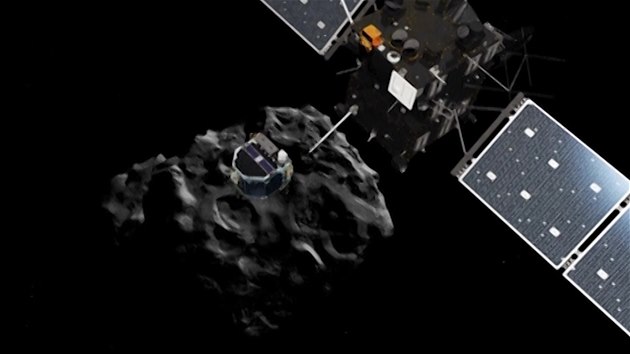 Modul Philae nad kometou v ilustraci ESA