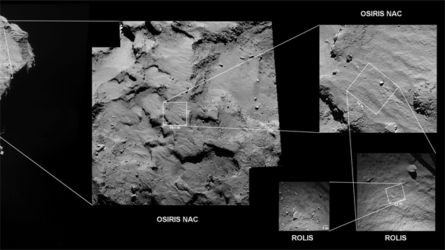Sloení snímk poízených Rosettou a Philae ukazuje, kam vesmírná laborato...