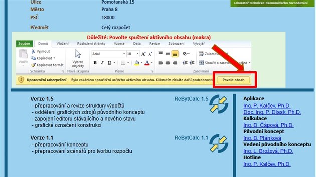 Postup prce s kalkultorech. Hlavn strnka programu RebytCalc.