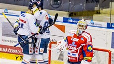 Pardubický gólman Robert Kristan inkasoval, hokejisté Liberce se radují z gólu. Pardubický gólman Robert Kristan inkasoval, hokejisté Liberce se radují z gólu.