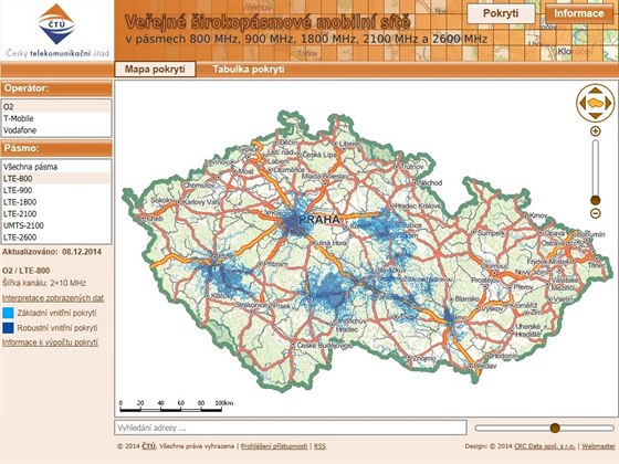 Mapa pokrytí sítmi vysokorychlostního pístupu k internetu u O2 v pásmu 800 MHz