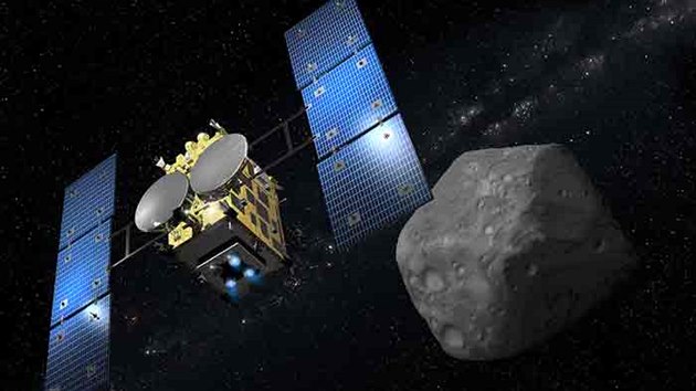 Ilustrace japonsk sondy Hajabusa 2 u asteroidu 1999 JU3