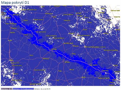 Mapa pokrytí dálnice D1 rychlým mobilním internetem O2 4G LTE
