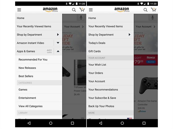 Vlevo pvodn nabdka Amazon App vetn sekce Apps & Games, vpravo pak souasn...