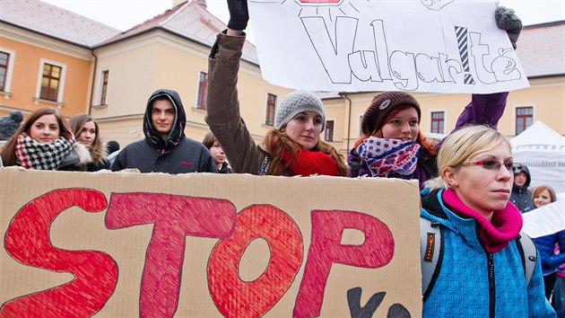 Demonstrace proti sexistick reklam v Hradci Krlov (10.12.2014).