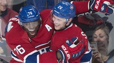 GÓLOVÉ ÚSMĚVY. Jiří Sekáč (vpravo) a P.K. Subban slaví gól Montrealu, GÓLOVÉ ÚSMĚVY. Jiří Sekáč (vpravo) a P.K. Subban slaví gól Montrealu,