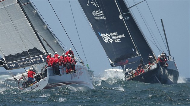 VELKÝ SOUBOJ. Jachty Wild Oats XI (vlevo) a Comanche pi závod Sydney - Hobart.