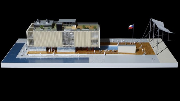 MODEL. Na parcele o zhruba 1 400 metrech tverench vyroste montovan pavilon z recyklovatelnch modul podle nvrhu architektonickho studia Chybik+Kristof, postav jej firma Koma.