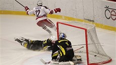 Havlíčkobrodský Václav Tomek (vlevo) právě překonal kadaňského gólmana. Havlíčkobrodský Václav Tomek (vlevo) právě překonal kadaňského gólmana.