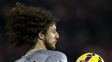 Fabrizio Coloccini (vpravo) z Newcastlu si zpracovává mí ped Robinem van...