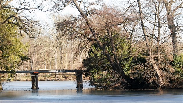 Opravovan mosty v zmeckm parku v Lednici. Vlevo se nachz trosky starch most. (8. leden 2015)