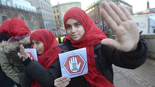 Nesahej mi na meitu. Kvli srii hskch tok se muslimov shromdili ped parlamentn budovou ve Stockholmu (2. ledna 2015)