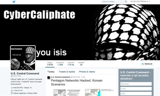 Napadený twitterový úet Ústedního velení USA (12. ledna 2014)
