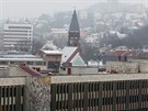 Výhled z ikmé ve kostela Nanebevzetí Panny Marie na centrum Ústí nad Labem.