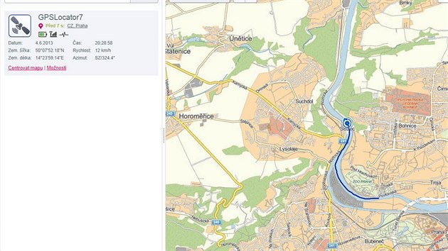 GPS tracker po hodin a dvaceti minutch plavby mjel konec Prahy v Suchdole.