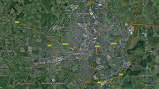 Satelitní snímek msta Coventry dnes. Známé je napíklad pro torzo Katedrály...