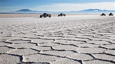Závodní auta projídjí pes solnou plá v Bolívii. Je to úasné místo, íká...