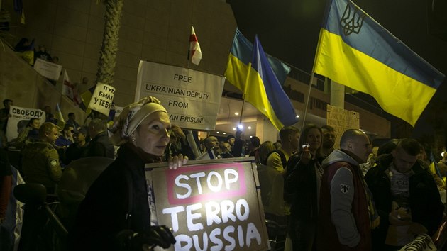 Za proputn ukrajinsk pilotky Nadiji Savenkov se demonstrovalo i v Tel Avivu (Izrael, 26. ledna 2015).