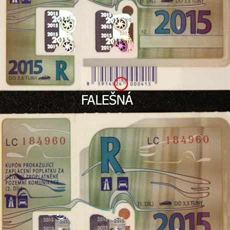 Srovnání pravé a falené dálniní známky. Rozdíl je v árových kódech vespod...