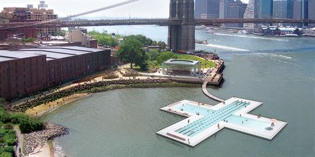 Plovrna Plus Pool (nebo tak +Pool), New York, USA. Bazn kominovan s...