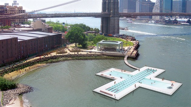 Plovrna Plus Pool (nebo tak +Pool), New York, USA. Bazn kominovan s istikou by se ml otevt na ece East River v roce 2016.
