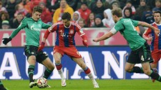 Robert Lewandowski z Bayernu Mnichov se poutí do souboje s obranou Schalke.