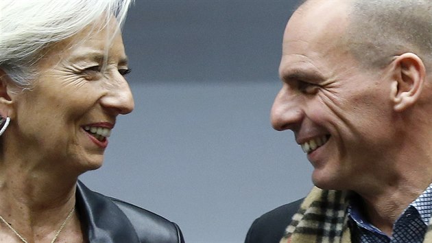 fka mezinrodnho mnovho fondu Christine Lagardeov s eckm ministrem financ Janisem Varufakisem bhem setkn v Bruselu (11. nora 2015).