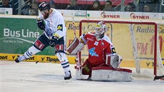 Liberecký Jan Vytisk stíní ve výhledu olomouckému brankáři Jiřímu Trvajovi. Liberecký Jan Vytisk stíní ve výhledu olomouckému brankáři Jiřímu Trvajovi.