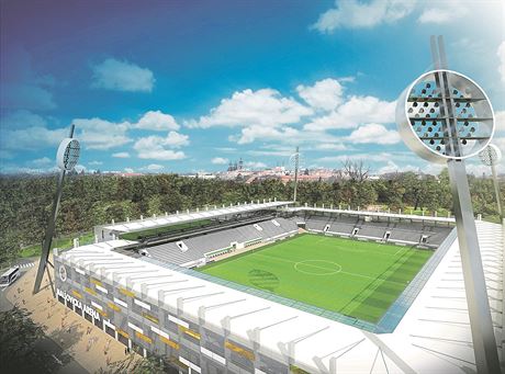 Vizualizace zachycuje aktuální monou podobu nového fotbalového stadionu v Hradci Králové. Místo monstrózního projektu hypermoderní arény a obchodního centra to bude skromný stánek za zhruba 400 milion korun. 
