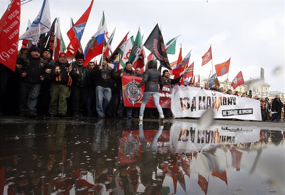 Ukrajintí exulanti protestovali v Moskv proti sesazení proruského prezidenta Janukovye.