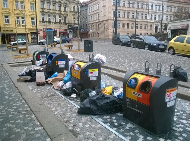 Nepoádek kolem nových kontejner u Heroldových sad ve Vrovicích.