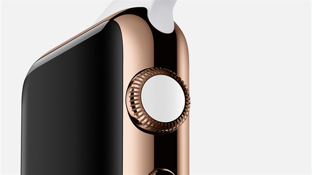 Varianta chytrch hodinek Apple Watch Edition s rovm zlatem a blm pskem.