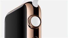 Varianta chytrých hodinek Apple Watch Edition s rovým zlatem a býlím páskem.