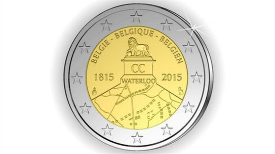 Návrh dvoueurové mince s vyobrazením památníku u Waterloo.