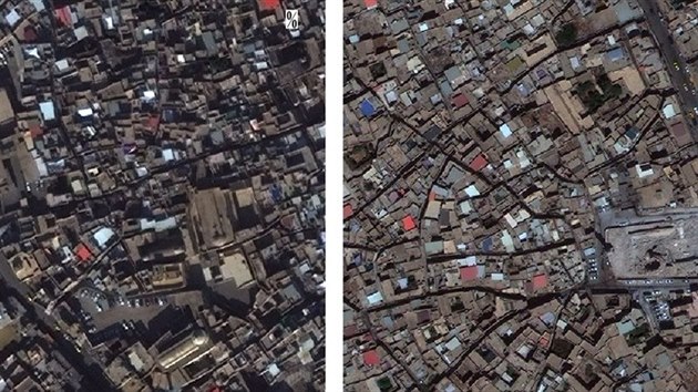 Satelitn snmek tvrti Dirds se stejnojmennou meitou v Mosulu, vlevo stav ped destrukc, vpravo po n.